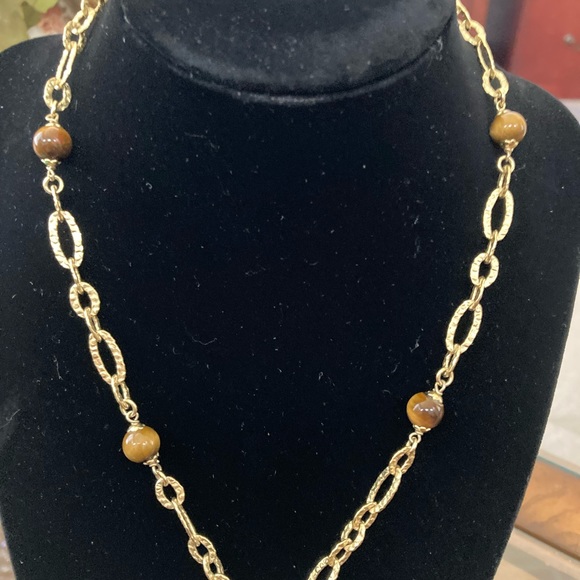 Pre-Loved Italian Textured Gold Plated Lariat Necklace With Tiger’s Eye Beads - Picture 3 of 4